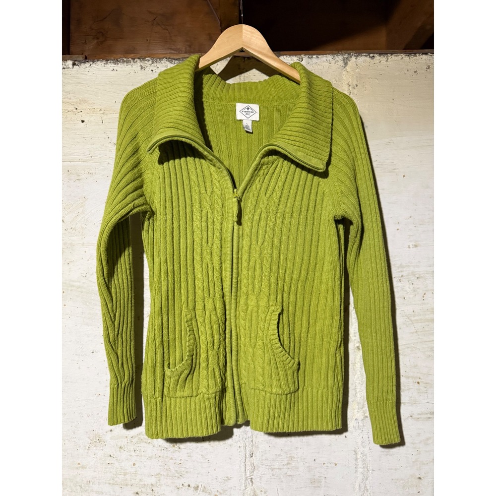 St Johns Bay Lime Green Cable Knit Full Zip Cardigan Sweater Womens Large Ribbed